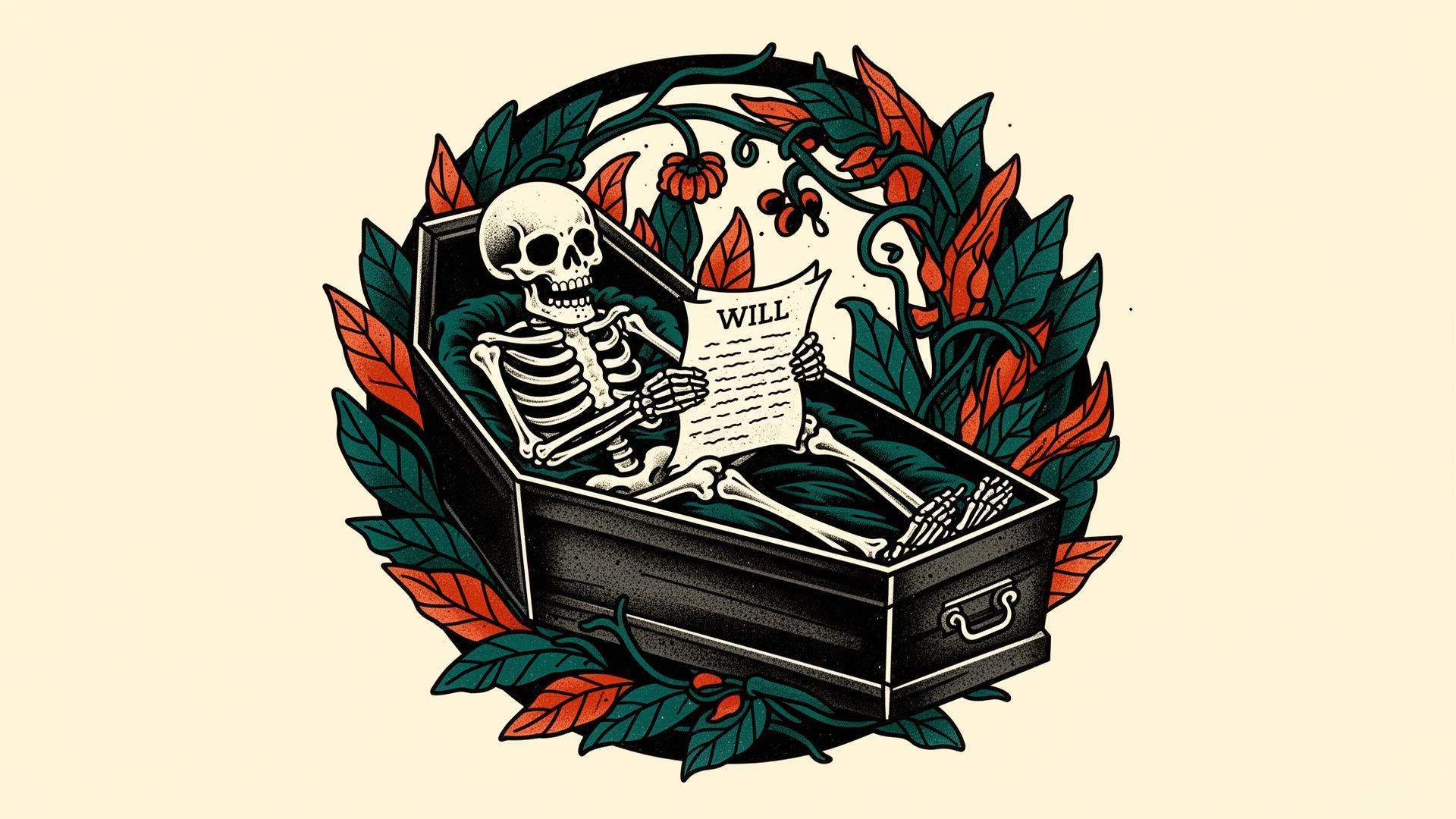 Vintage tattoo illustration of a skeleton in a coffin reading a will